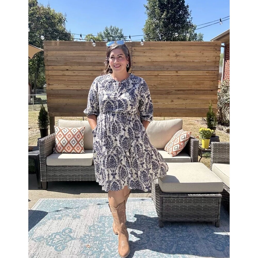 Cupshe 2xl Damask Midi Dress Boho Cream Navy